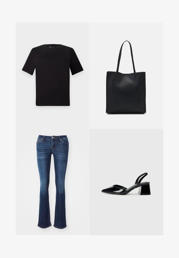 Czarna koszulka z krótkim rękawem o okrągłym dekolcie, wykonana z miękkiej bawełny. Prosty design, bez widocznych logo ani wzorów.; Ciemnoniebieskie dżinsy w stylu dzwonów wykonane z denimu. Posiadają pięć kieszeni, zapięcie na zamek błyskawiczny z guzikiem oraz delikatne przetarcia na przednich udach.; Czarne lakierowane półbuty na obcasie z wydłużonym noskiem i geometrycznym słupkiem. Charakteryzują się eleganckim, minimalistycznym designem oraz gładką fakturą.; Czarna skórzana torba tote o gładkiej fakturze, prostokątnym kształcie i dwóch długich uchwytach. Brak widocznych elementów metalowych i ozdób.