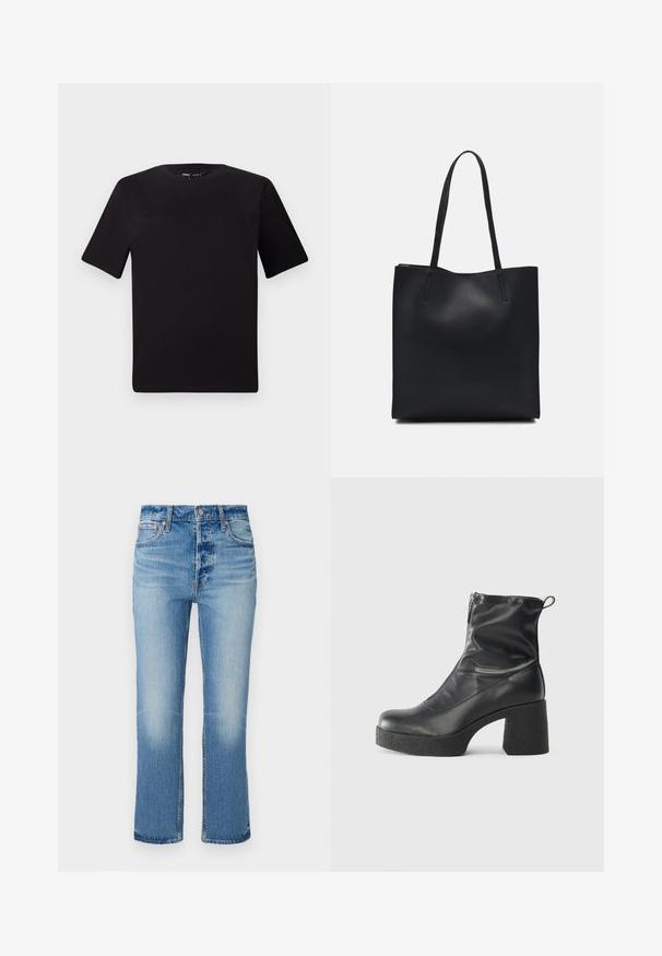 Tricou scurt negru cu mânecă scurtă și guler rotund, realizat dintr-un material de bumbac moale. Design simplu, fără logo-uri sau modele vizibile.; Jeans din denim de un albastru deschis, cu un design cu picioare drepte, având decolorare în apropierea coapselor, închidere cu nasture și un stil standard cu cinci buzunare.; Bocanci negri de glezna din piele netedă, cu fermoar lateral, toc texturat și masiv, și design cu vârf rotund.; Geantă tote neagră din piele, cu textură netedă, formă rectangulară și două mânere lungi. Fără hardware vizibil sau ornamente.