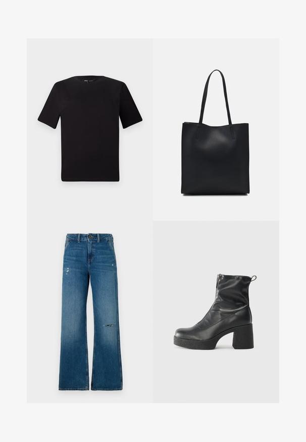 Czarna koszulka z krótkim rękawem o okrągłym dekolcie, wykonana z miękkiej bawełny. Prosty design, bez widocznych logo ani wzorów.; Niebieskie dżinsy z szerokimi nogawkami o wyblakłej teksturze, z dwoma przetarciami z przodu, z zapięciem na guzik i pięcioma kieszeniami.; Czarne botki za kostkę wykonane z gładkiej skóry, wyposażone w boczny zamek błyskawiczny, masywny teksturowany obcas oraz zaokrąglony czubek.; Czarna skórzana torba tote o gładkiej fakturze, prostokątnym kształcie i dwóch długich uchwytach. Brak widocznych elementów metalowych i ozdób.