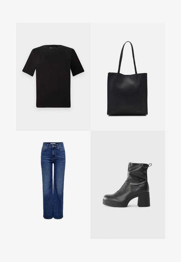 Juodas trumpas rankovės marškinėlis su apvaliu iškirpimu, pagamintas iš minkštos medvilnės medžiagos. Paprastas dizainas, be matomų logotipų ar raštų.; Tamsiai mėlynos spalvos dzinsai plačiomis kojomis ir aukštu liemeniu, susegami užtrauktuku ir sagomis, turi penkias kišenes bei kontrastingas siūles.; Juodos kulkšninių botai, pagaminti iš lygaus odos, su šoniniu užtrauktuku, masyviu tekstūruotu kulnu ir apvaliu pirštu.; Juodas odinis tote krepšys su lygia tekstūra, stačiakampio formos ir dviem ilgais rankenomis. Matomų metalinių detalių ar puošybos nėra.