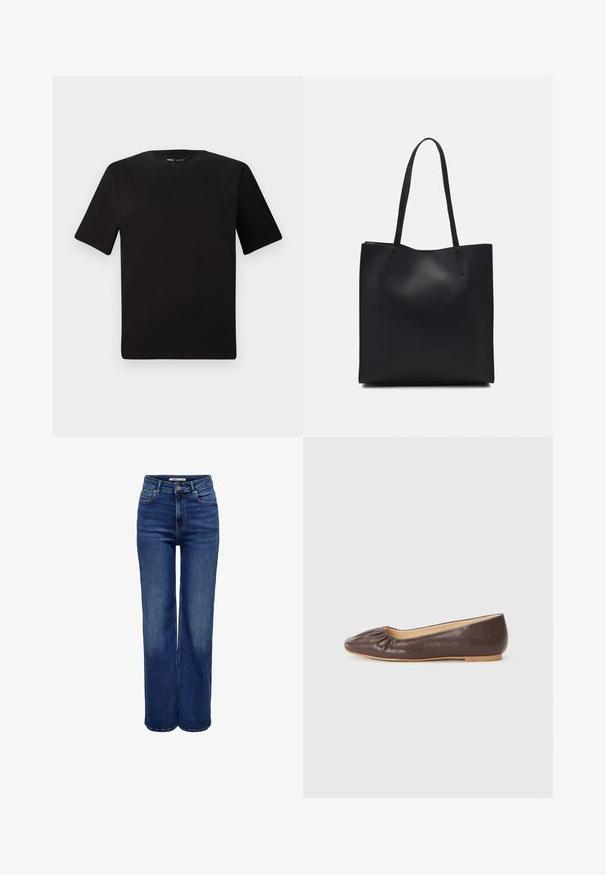 Tricou scurt negru cu mânecă scurtă și guler rotund, realizat dintr-un material de bumbac moale. Design simplu, fără logo-uri sau modele vizibile.; Jeans cu talie înaltă și picioare largi, din denim albastru închis, cu închidere cu nasturi, cinci buzunare și detalii cu cusături contrastante.; Balerini din piele maro, cu vârful rotund, detalii plisate în față și o talpă plate de culoare deschisă.; Geantă tote neagră din piele, cu textură netedă, formă rectangulară și două mânere lungi. Fără hardware vizibil sau ornamente.