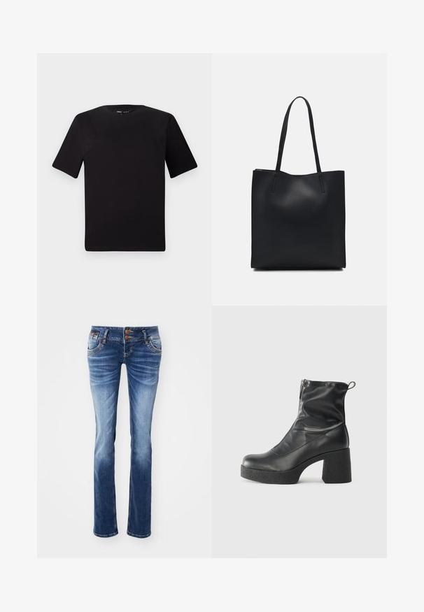 Crna majica kratkih rukava s okruglim izrezom, izrađena od mekane pamučne tkanine. Jednostavan dizajn, bez vidljivih logotipa ili uzoraka.; Traperice u svijetlosmeđoj do tamnosmeđoj gradaciji, s klasičnim dizajnom od pet džepova, metalnim gumbima i ravnim nogavicama.; Crne gležnjače od glatke kože, s bočnim zatvaračem, debelim teksturiranim potplatom i dizajnom s zaobljenim prstima.; Crna kožna torba za nošenje s glatkom teksturom, pravokutnim oblikom i dvije duge ručke. Nema vidljivih metalnih dijelova ili ukrasa.