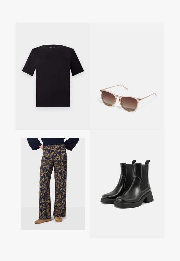 Black short-sleeve t-shirt with a round neckline, crafted from soft cotton fabric. Simple design, no visible logos or patterns.; Flared trousers featuring a floral navy pattern on a tan background, made of soft fabric with a smooth texture and wide leg design.; Black leather Chelsea boots with a chunky heel, elastic side panels, and contrasting white stitching. Textured finish.; Brown gradient sunglasses with a translucent pink frame, square shape, and thin metal arms. Features rounded edges and minimal detailing.