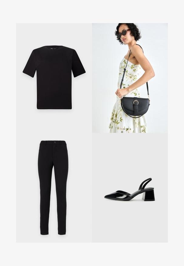 Črna majica s kratkimi rokavi in okroglim izrezom, izdelana iz mehkega bombažnega materiala. Preprost dizajn, brez vidnih logotipov ali vzorcev.; Črne tajice s slim fit krojem, ki imajo gumb zapiranje, zanke za pas in stranske žepe. Gladka tekstura z enobarvnim dizajnom.; Črne lakirane slingback pete s koničastim nosom in geometrijsko blokasto peto. Imajo eleganten, minimalističen dizajn in gladko teksturo.; Črna usnjena torbica s ukrivljeno obliko, z odstranljivo naramnico in zlatimi dodatki. Torbica ima pokrov s podrobnostmi v obliki zaponke.