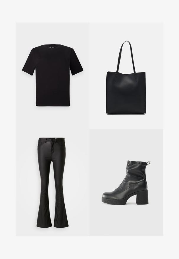 T-shirt preta de mangas curtas com decote redondo, feita de tecido de algodão suave. Design simples, sem logótipos ou padrões visíveis.; Calças de ganga largas pretas feitas de um tecido brilhante e suave. Apresentam uma cintura alta, bolsos frontais e um fecho de correr com botão.; Botas de tornozelo pretas feitas de couro liso, com fecho lateral, salto grosso texturizado e design de bico arredondado.; Bolsa tote preta em couro com textura lisa, forma retangular e duas alças longas. Sem hardware ou enfeites visíveis.