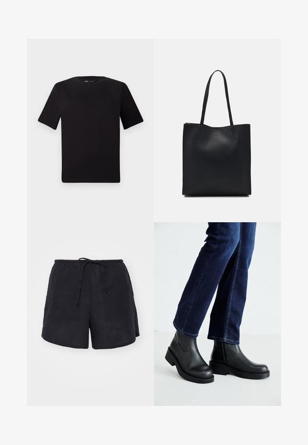 Black short-sleeve t-shirt with a round neckline, crafted from soft cotton fabric. Simple design, no visible logos or patterns.; Gina Tricot RELAXED BLEND - Shorts - black; Black leather ankle boots with a chunky sole and side elastic panels, paired with dark blue jeans. The ground is light-colored.; Black leather tote bag with smooth texture, rectangular shape, and two long handles. No visible hardware or embellishments.