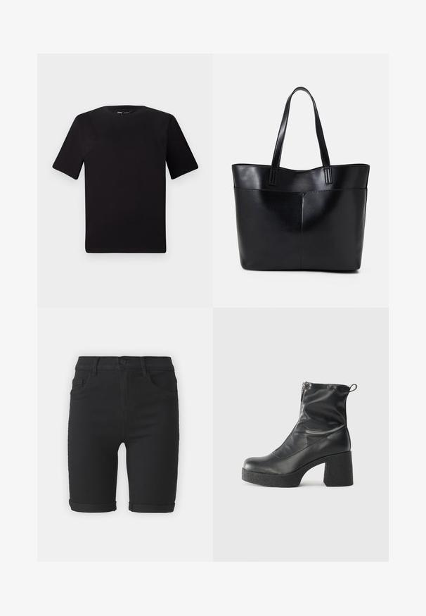 Must olema lühikeste varrukatega must t-särk ümmarguse kaelusega, valmistatud pehmest puuvillast kangast. Lihtne disain, ilma nähtavate logode või mustriteta.; Mustmustest mustad, millel on sirge lõige, keeratud servad, ees olevad taskud ja nööbistamine. Sile tekstuur ja minimalistik disain.; Mustad mustad ansapüksid, mis on valmistatud siledast nahast, külje zipperiga, paksu tekstuuriga kontsaga ja ümmarguse nina disainiga.; Must mustaga musta nahast, millel on kaks pikka kanda, sile tekstuur ja struktureeritud kuju. Esipoolsel on lisakoti jaoks tasku.