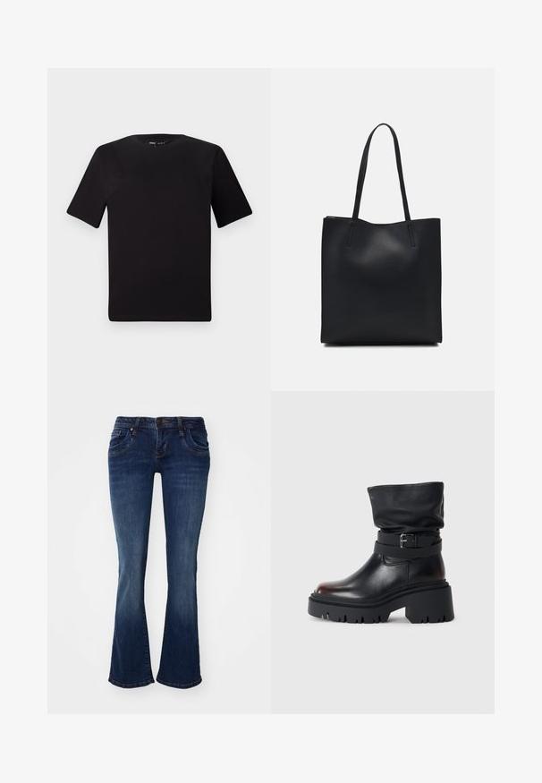 Tricou scurt negru cu mânecă scurtă și guler rotund, realizat dintr-un material de bumbac moale. Design simplu, fără logo-uri sau modele vizibile.; Jeans evazați din denim albastru închis, cu talie medie, cinci buzunare și detalii subtile de cusătură la cusături și marginile buzunarelor.; Botină din piele neagră, cu un tiv căzut, detaliu cu cataramă și talpă groasă, robustă. Are vârf rotund și textură netedă.; Geantă tote neagră din piele, cu textură netedă, formă rectangulară și două mânere lungi. Fără hardware vizibil sau ornamente.