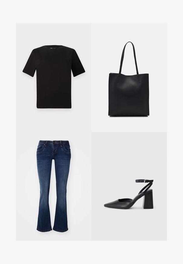 Must olema lühikeste varrukatega must t-särk ümmarguse kaelusega, valmistatud pehmest puuvillast kangast. Lihtne disain, ilma nähtavate logode või mustriteta.; Tumesinine denimist laienevad teksad keskmise kõrgusega taljega, viie taskuga ning peente õmblusdetailidega õmblustes ja tasku servades.; Mustmustest must-käigukingad, millel on konksuga nöör ja paks konts. Ühtlane tekstuur, stiilne disain ja minimalistlik esteetika.; Mustast nahast kott sujuva tekstuuriga, ristkülikukujuline ja kahe pika sangaga. Pole nähtavat riistvara ega kaunistusi.