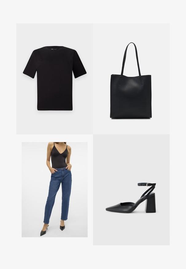 T-shirt preta de mangas curtas com decote redondo, feita de tecido de algodão suave. Design simples, sem logótipos ou padrões visíveis.; Jeans de cintura alta azul-escuro com corte reto, bolsos frontais e fecho de botão, combinados com um body preto sem mangas.; Sandal com biqueira afilada em couro preto, com cinta no tornozelo e salto grosso. Textura lisa, design elegante e estética minimalista.; Bolsa tote preta em couro com textura lisa, forma retangular e duas alças longas. Sem hardware ou enfeites visíveis.