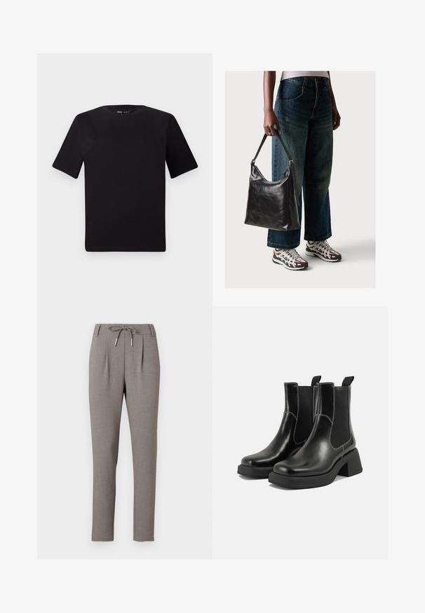 Crna majica kratkih rukava s okruglim izrezom, izrađena od mekane pamučne tkanine. Jednostavan dizajn, bez vidljivih logotipa ili uzoraka.; Sive krojene hlače s pojasom na vezanje. Imaju prednje nabore i slim fit kroj. Tkanina ima glatku teksturu.; Crne kožne Chelsea čizme s debelim potplatom, elastičnim bočnim panelima i kontrastnim bijelim šavovima. Teksturirana površina.; Crna kožna torba za rame s glatkom teksturom i podešivim remenom, u kombinaciji s izblijedjelim širokim trapericama i sportskim tenisicama.