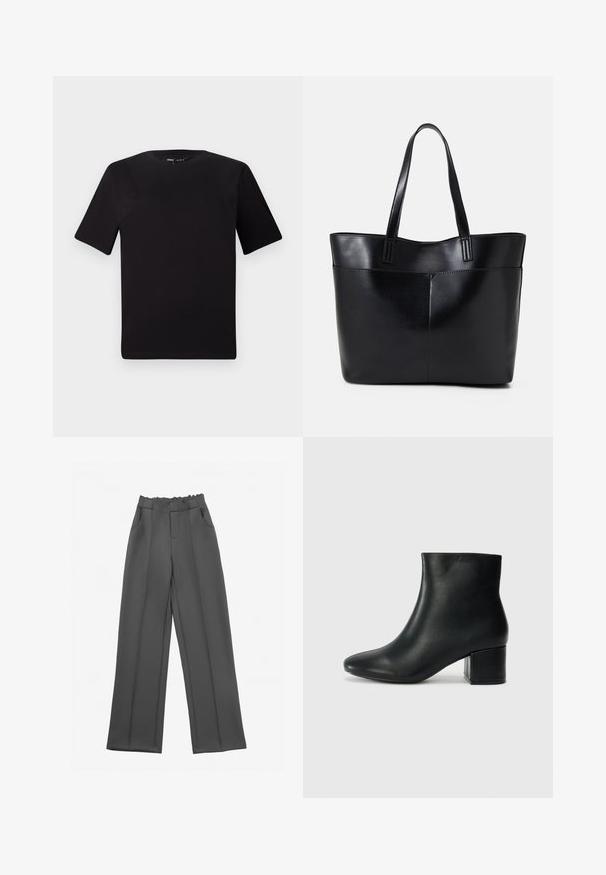 Svart t-skjorte med korte ermer og rund hals, laget av mykt bomullsstoff. Enkelt design, ingen synlige logoer eller mønstre.; Grå, vide bukser med en flæse i taljen, to sidelommer og lige sømme, lavet af et glat, let stof.; Sorte skinn ankelsko med spiss tå og chunky hæl. Glatt tekstur med minimale detaljer og et elegant, tettsittende design.; Svart lær toteveske med to lange håndtak, en glatt tekstur og en strukturert form. Har en frontlomme for ekstra oppbevaring.