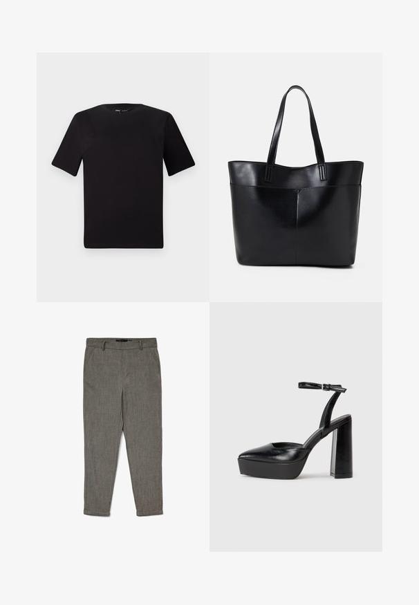 T-shirt preta de mangas curtas com decote redondo, feita de tecido de algodão suave. Design simples, sem logótipos ou padrões visíveis.; Calças de fato cinzentas para homem, com passantes para cinto, bolsos laterais e bainhas com punhos, feitas de tecido texturizado.; Saltos altos pretos com bico fino e atilho ajustável no tornozelo. Confeccionados em couro suave, apresentam um salto bloco robusto.; Bolsa tote preta em couro com duas alças longas, textura suave e forma estruturada. Apresenta um bolso frontal para armazenamento adicional.