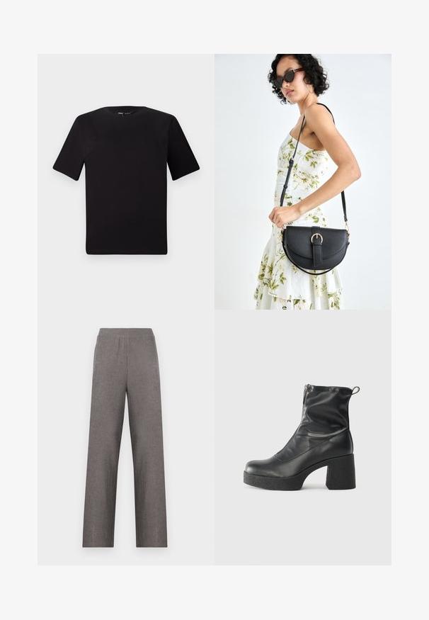 Čierne tričko s krátkym rukávom a okrúhlym výstrihom, vyrobené z mäkkej bavlny. Jednoduchý dizajn, bez viditeľných log alebo vzorov.; Sivé široké nohavice s textúrovanou tkaninou a elastickým pásom. Dizajn má jednoduchý, rovný strih bez vreciek.; Čierne členkové topánky z hladkej kože, so bočným zipsom, robustnou textúrovanou pätnou časťou a zaobleným dizajnom špičky.; Čierna kožená kabelka s zaobleným tvarom, odnímateľným popruhom a zlatými doplnkami. Kabelka má klopu s detailom s prackou.