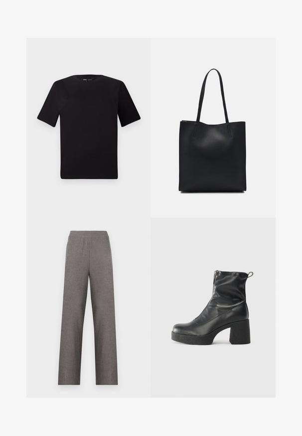 Camiseta negra de manga corta con cuello redondo, fabricada en suave algodón. Diseño simple, sin logos ni patrones visibles.; Pantalones de pierna ancha grises con una tela texturizada y cinturilla elástica. El diseño presenta una silueta simple y recta sin bolsillos.; Botines negros de tobillo, hechos de cuero suave, con cierre lateral, tacón grueso texturizado y diseño de punta redondeada.; Bolso tote de cuero negro con textura lisa, forma rectangular y dos asas largas. Sin herrajes ni adornos visibles.
