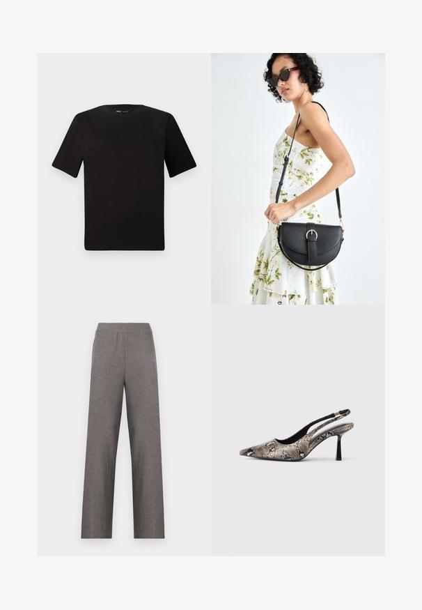 Juodas trumpas rankovės marškinėlis su apvaliu iškirpimu, pagamintas iš minkštos medvilnės medžiagos. Paprastas dizainas, be matomų logotipų ar raštų.; Pilkos plačios kelnės su tekstūruotu audiniu ir elastiniu juosmeniu. Dizainas pasižymi paprasta, tiesia silueto forma be kišenių.; V-formos slingback batai, pagaminti iš tekstūruoto gyvatės odos raštų, su siauru juodu kulnu ir išpjova šonuose.; Juodas odinis krepšys su išlenkta forma, nuimamu dirželiu ir auksiniais detalėmis. Krepšys turi kilpą su sagtimi.