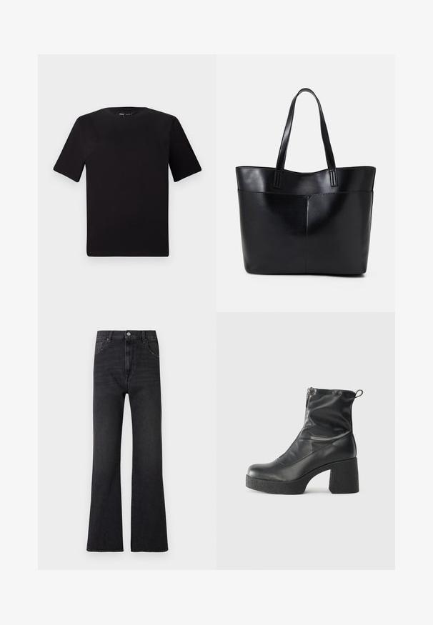 Black short-sleeve t-shirt with a round neckline, crafted from soft cotton fabric. Simple design, no visible logos or patterns.; Black flared jeans in denim fabric, featuring a high waist, two front pockets, and subtle fading. Five belt loops and classic metal button closure.; Black ankle boots made of smooth leather, featuring a side zipper, chunky textured heel, and rounded toe design.; Black leather tote bag with two long handles, a smooth texture, and a structured shape. Features a front pocket for additional storage.