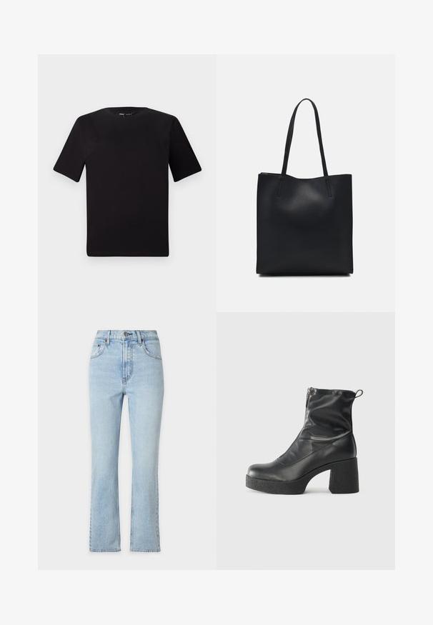 Fekete, rövid ujjú póló, kerek nyakkal, puha pamutból készült. Egyszerű dizájn, nincs látható logó vagy minta.; Világoskék farmerek magas derékkal, egyenes szárú fazonnal, diszkrét kopásokkal és kontrasztos varrással. Klasszikus gombos és cipzáras záródás.; Fekete bokacsizmák sima bőrből, oldalsó cipzárral, vastag, texturált sarkú és lekerekített orrú dizájnnal.; Fekete bőrtáska sima felszínnel, téglalap alakú, két hosszú füllel. Nincs látható fémkiegészítő vagy díszítés.