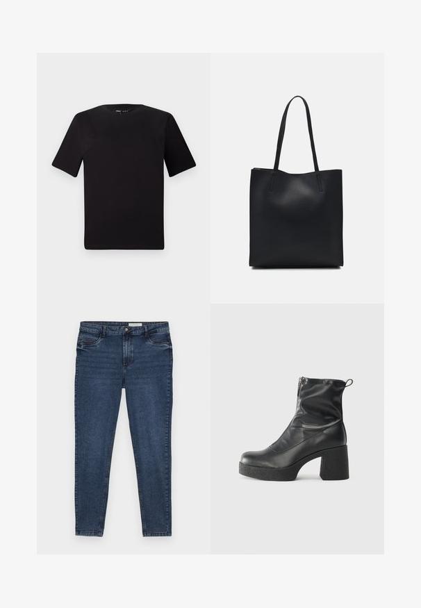 Svart t-skjorte med korte ermer og rund hals, laget av mykt bomullsstoff. Enkelt design, ingen synlige logoer eller mønstre.; Mørkeblå denimjeans med slim fit, fem lommer og gullsøm. Har glidelås og knappelukking. Glatt tekstur.; Svarte ankelstøvler laget av glatt lær, med glidelås på siden, chunky strukturert hæl, og rund tå-design.; Svart lær tote bag med glatt tekstur, rektangulær form og to lange håndtak. Ingen synlige deler eller dekorasjoner.
