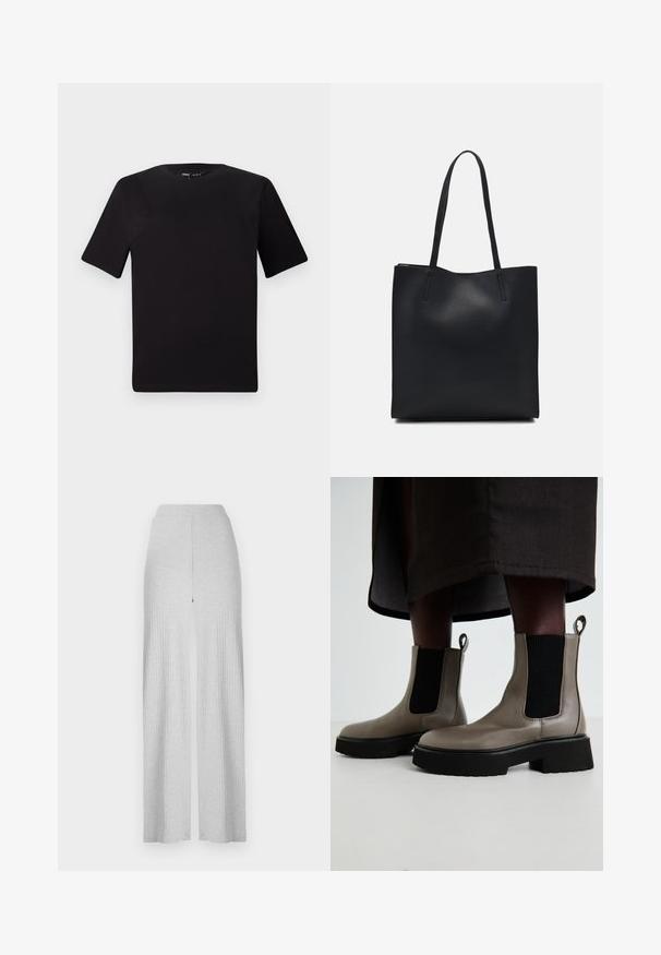 Juodas trumpas rankovės marškinėlis su apvaliu iškirpimu, pagamintas iš minkštos medvilnės medžiagos. Paprastas dizainas, be matomų logotipų ar raštų.; Šviesiai pilkos suknelės plačiakojės kelnės su aukšta juosmens juosta ir priekinę plyšį. Pagamintos iš švelnios medžiagos su lygiu tekstūru.; Pilkas kulkšninis batus, pagamintus iš tekstūruotos odos, su elastingomis šoninėmis panelėmis ir masyviu juodu padu. Yra užtrauktukai, skirti lengvam vilkimo procesui.; Juodas odinis tote krepšys su lygia tekstūra, stačiakampio formos ir dviem ilgais rankenomis. Matomų metalinių detalių ar puošybos nėra.