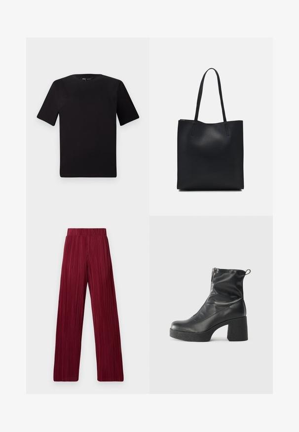 Schwarzes T-Shirt mit kurzen Ärmeln und Rundhalsausschnitt, aus weichem Baumwollmaterial gefertigt. Schlichtes Design, keine sichtbaren Logos oder Muster.; Bordeauxfarbene, plissierte, weite Hosen mit elastischem Bund. Der strukturierte Stoff weist vertikale Streifen auf. Gerader Schnitt bis zum Saum.; Schwarze Stiefeletten aus glattem Leder mit seitlichem Reißverschluss, klobigem strukturiertem Absatz und runder Zehenform.; Schwarze Laptoptasche aus Leder mit glatter Textur, rechteckiger Form und zwei langen Griffen. Keine sichtbaren Beschläge oder Verzierungen.