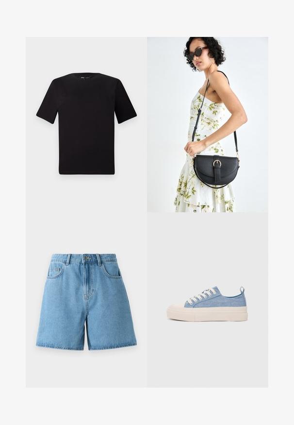 Must olema lühikeste varrukatega must t-särk ümmarguse kaelusega, valmistatud pehmest puuvillast kangast. Lihtne disain, ilma nähtavate logode või mustriteta.; Heledad sinised teksapüksid kõrge vöökohaga, kahe esi-taskuga ja nööp kinnitusega. Kangas on sileda tekstuuriga ning õrnalt tuhmunud.; Heledad sinised kangast tennisekingad koorevärvi kummist varbakatte ja taldaga, millel on valged paelad ja tõmblukk kandadel.; Mustmust mustraha kõverate joontega, eemaldatava rihmaga ja kuldsete detailidega. Kotil on klapp, millel on pandladetail.