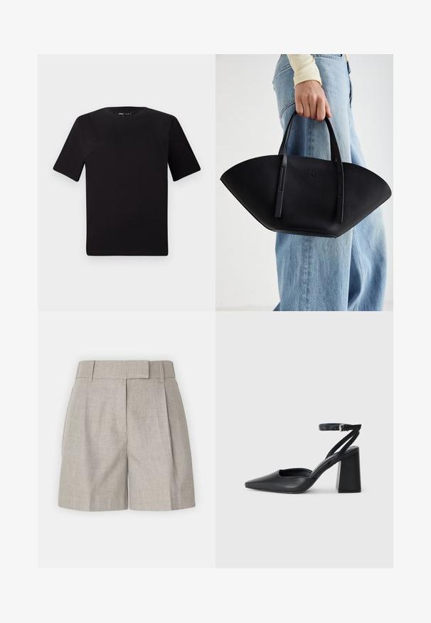 Fekete, rövid ujjú póló, kerek nyakkal, puha pamutból készült. Egyszerű dizájn, nincs látható logó vagy minta.; Világosszürke nadrág, amely struktúrált derékkal, redőkkel és laza szabással rendelkezik, sima len textúrával. Egyszerű és sokoldalú dizájn.; Fekete bőr, hegyes orrú magassarkú cipő boka pánttal és vastag sarokkal. Sima textúra, elegáns dizájn és minimális esztétika.; Fekete bőr kézitáska egyedi legyezőformával, lapos füllel. A felülete kőriszerű textúrájú és minimalista dizájnnal rendelkezik.