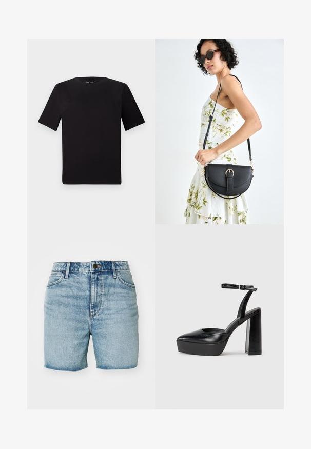 Juodas trumpas rankovės marškinėlis su apvaliu iškirpimu, pagamintas iš minkštos medvilnės medžiagos. Paprastas dizainas, be matomų logotipų ar raštų.; Šviesiai mėlyni džinsiniai šortai su aukštu liemeniu, penkiomis kišenėmis ir neapdorotu kraštu. Audinys turi išblukusią, nudėvėtą tekstūrą. Metalinis užsegimas.; Juodi platforminiai aukšti kulniukai su smailiu kojų pirštu ir reguliuojamu kulkšnies dirželiu. Pagaminti iš lygaus odos, turi masyvų blokinį kulną.; Juodas odinis krepšys su išlenkta forma, nuimamu dirželiu ir auksiniais detalėmis. Krepšys turi kilpą su sagtimi.