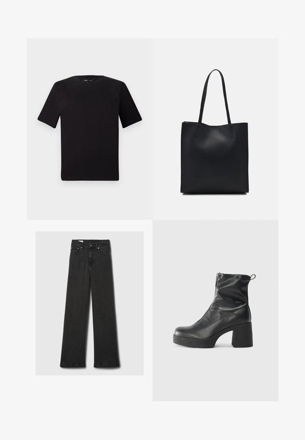 T-shirt preta de mangas curtas com decote redondo, feita de tecido de algodão suave. Design simples, sem logótipos ou padrões visíveis.; Às calças de ganga pretas de cintura alta e pernas retas, com cinco bolsos e rebites de cobre, dispostas horizontalmente sobre um fundo cinza claro.; Botas de tornozelo pretas feitas de couro liso, com fecho lateral, salto grosso texturizado e design de bico arredondado.; Bolsa tote preta em couro com textura lisa, forma retangular e duas alças longas. Sem hardware ou enfeites visíveis.