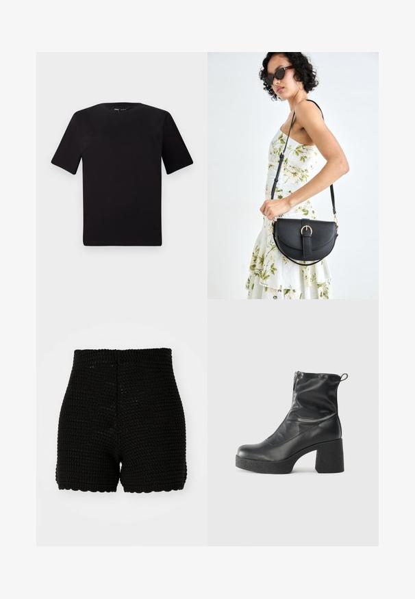 Črna majica s kratkimi rokavi in okroglim izrezom, izdelana iz mehkega bombažnega materiala. Preprost dizajn, brez vidnih logotipov ali vzorcev.; Črne kvačkane kratke hlače z rebrastim vzorcem, visokim pasom in valovitimi robovi. Oblikovane za prileganje silhueti in z zračnim materialom.; Črne gležnjarje iz gladke kože z božnim zadrgo, masivnim teksturiranim peto in zaobljeno obliko prstov.; Črna usnjena torbica s ukrivljeno obliko, z odstranljivo naramnico in zlatimi dodatki. Torbica ima pokrov s podrobnostmi v obliki zaponke.