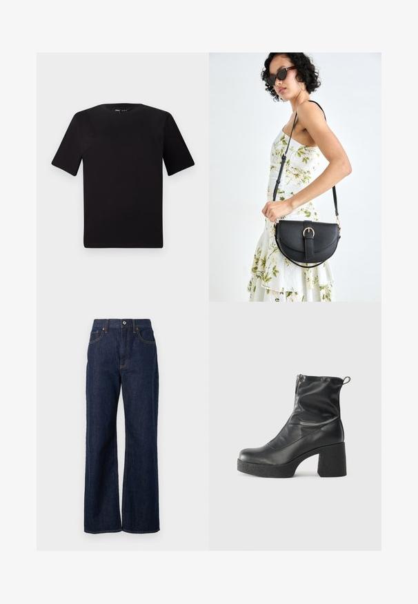 T-shirt noir à manches courtes avec un col rond, fabriqué en coton doux. Design simple, sans logos ni motifs visibles.; Jeans en denim bleu foncé avec une coupe large, présentant des coutures orange contrastantes, un bouton sur le devant et plusieurs poches.; Bottes noires à la cheville en cuir lisse, dotées d'une fermeture éclair sur le côté, d'un talon épais texturé et d'une conception à bout rond.; Sac à main en cuir noir avec une forme courbée, bandoulière amovible et des accessoires en or. Le sac est doté d'un rabat avec un détail de boucle.