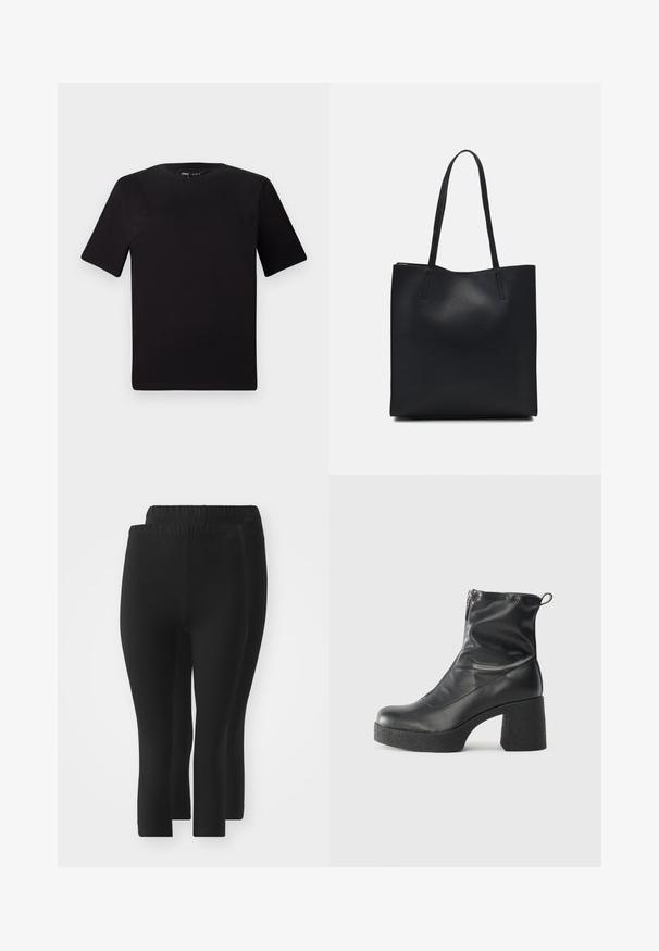 Svart t-skjorte med korte ermer og rund hals, laget av mykt bomullsstoff. Enkelt design, ingen synlige logoer eller mønstre.; Svart leggings med elastisk midjebånd, med en glatt tekstur, lengde til midten av leggen, og uten synlige mønstre eller dekorasjoner.; Svarte ankelstøvler laget av glatt lær, med glidelås på siden, chunky strukturert hæl, og rund tå-design.; Svart lær tote bag med glatt tekstur, rektangulær form og to lange håndtak. Ingen synlige deler eller dekorasjoner.