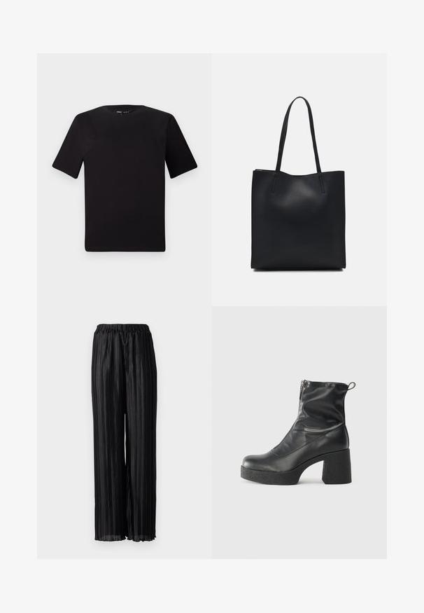 Črna majica s kratkimi rokavi in okroglim izrezom, izdelana iz mehkega bombažnega materiala. Preprost dizajn, brez vidnih logotipov ali vzorcev.; Črne pliseirane hlače širokega kroja z elastičnim pasom, narejene iz sijočega materiala, ki poudari teksturo in padec.; Črne gležnjarje iz gladke kože z božnim zadrgo, masivnim teksturiranim peto in zaobljeno obliko prstov.; Črna usnjena torba s svilnato teksturo, pravokotne oblike in dvema dolgima ročajema. Brez vidnih metalnih delov ali okrasnih elementov.