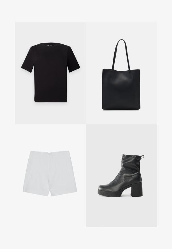 Svart t-skjorte med korte ermer og rund hals, laget av mykt bomullsstoff. Enkelt design, ingen synlige logoer eller mønstre.; Hvite shorts med skreddersydd design, flat front, to sidelommer og en ren kant. Laget av et glatt stoff uten synlige mønstre.; Svarte ankelstøvler laget av glatt lær, med glidelås på siden, chunky strukturert hæl, og rund tå-design.; Svart lær tote bag med glatt tekstur, rektangulær form og to lange håndtak. Ingen synlige deler eller dekorasjoner.