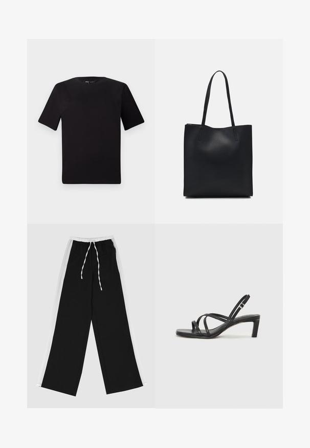 Svart t-skjorte med korte ermer og rund hals, laget av mykt bomullsstoff. Enkelt design, ingen synlige logoer eller mønstre.; Svarte vide bukser med en hvit stripe på siden, elastisk midje og snøring. Laget av myk, glatt stoff for komfort.; Sorte sandaler med stropper, firkantet tå og lav blokk hæl. Har flere tynne stropper og en justerbar ankelstropp. Laget av glatt lær.; Svart lær tote bag med glatt tekstur, rektangulær form og to lange håndtak. Ingen synlige deler eller dekorasjoner.
