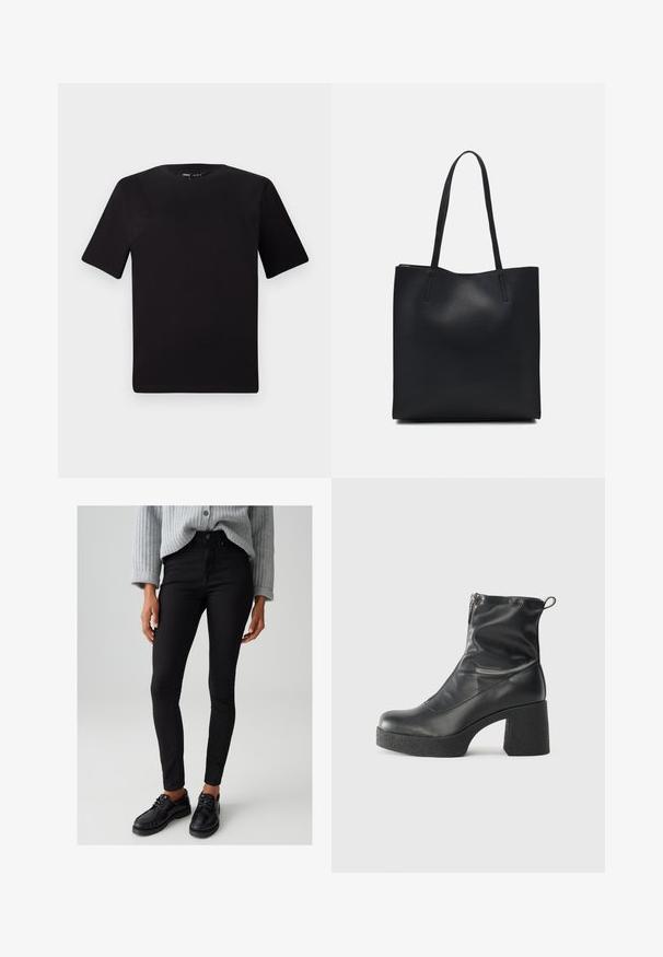 Svart t-skjorte med korte ermer og rund hals, laget av mykt bomullsstoff. Enkelt design, ingen synlige logoer eller mønstre.; OPUS MID RISE ANKLE - Jeans Skinny Fit - black; Svarte ankelstøvler laget av glatt lær, med glidelås på siden, chunky strukturert hæl, og rund tå-design.; Svart lær tote bag med glatt tekstur, rektangulær form og to lange håndtak. Ingen synlige deler eller dekorasjoner.