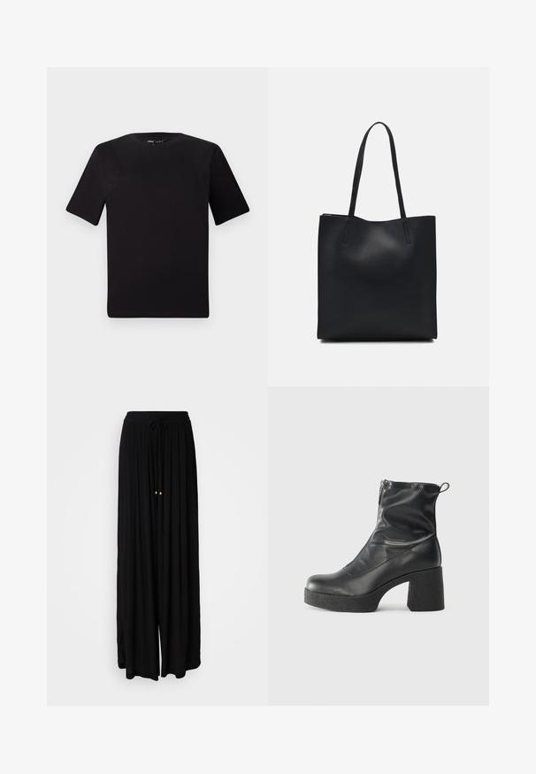 Svart kortärmad t-shirt med rund halsringning, tillverkad i mjukt bomullstyg. Enkelt mönster, utan synliga logotyper eller mönster.; Svarta, vida byxor i ett flytande tyg. Har resårmidja med dragsko och två guldfärgade detaljer. Strukturdesign med veck.; Svarta ankelstövlar i slitstark läder, med sidodragkedja, kraftig strukturerad klack och rundad tådesign.; Svart lädertoffelväska med slät textur, rektangulär form och två långa handtag. Ingen synlig hårdvara eller dekorationer.