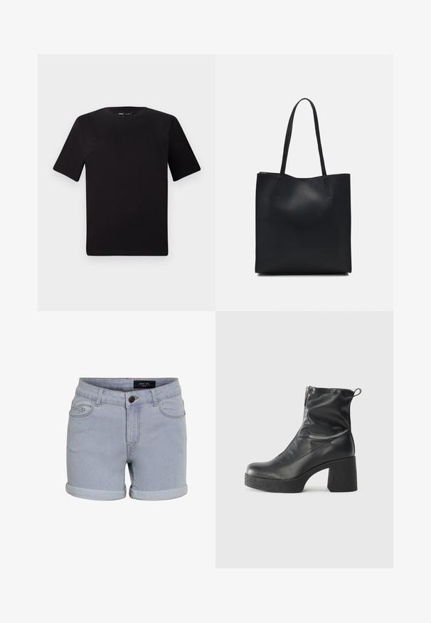 Musta lyhythihainen t-paita pyöreällä kaula-aukolla, valmistettu pehmeästä puuvillakankaasta. Yksinkertainen malli, ei näkyviä logoja tai kuvioita.; Vaaleansiniset farkkushortsit, joissa on kääntöhelma, viisi taskua ja nappisuljenta. Kankaan pinta on sileä ja siinä on hienovaraisia ompeluyksityiskohtia.; Mustat nilkkurit, jotka on valmistettu sileästä nahasta. Niissä on sivuvetoketju, paksu teksturoitu korko ja pyöristetty kärki.; Mustapahkainen kangaskassi, jossa on sileä pinta, suorakaiteen muotoinen ja kaksi pitkää kahvaa. Ei näkyvää metalliosaa tai koristeita.