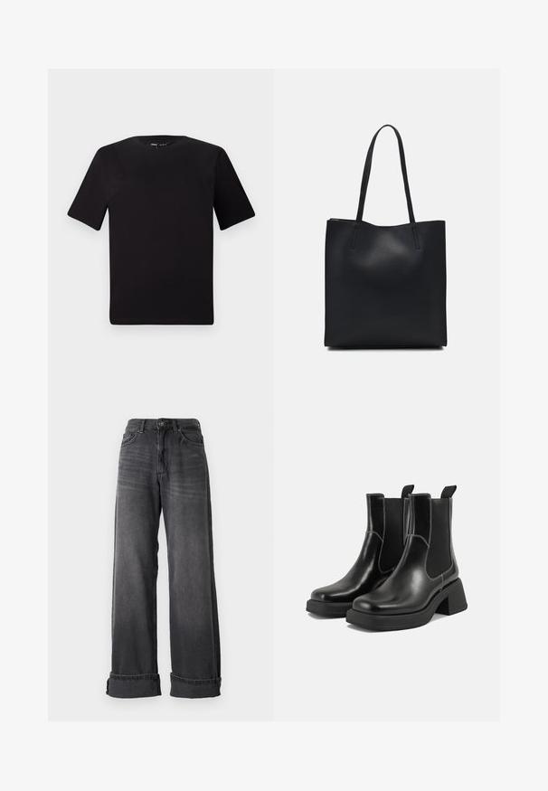 T-shirt nera a maniche corte con scollatura rotonda, realizzata in morbido cotone. Design semplice, senza loghi o motivi visibili.; Jeans a gamba larga in denim grigio scuro, con vita alta, cinque tasche e orli arrotolati per un tocco di stile. Texture liscia con leggere sfumature.; Stivali Chelsea in pelle nera con tacco spesso, pannelli elasticizzati sui lati e cuciture bianche a contrasto. Finitura testurizzata.; Borsa tote in pelle nera con texture liscia, forma rettangolare e due manici lunghi. Nessun hardware o decorazione visibile.