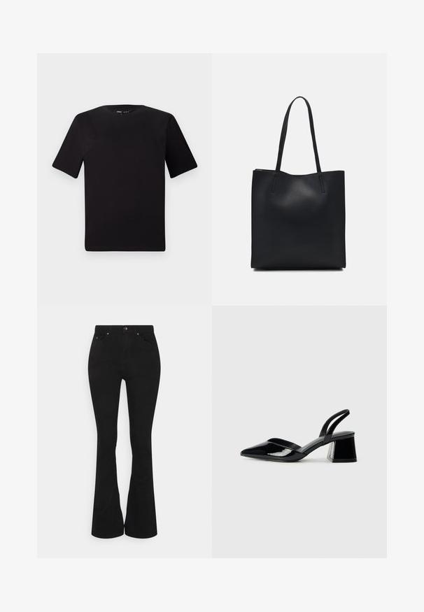 Tricou scurt negru cu mânecă scurtă și guler rotund, realizat dintr-un material de bumbac moale. Design simplu, fără logo-uri sau modele vizibile.; Jeans negri evazați cu talie înaltă, confecționați dintr-un amestec moale de bumbac. Prezintă buzunare frontale, închidere cu buton metalic și detalii subtile de cusătură.; Pantofi cu toc slingback din piele lacuită neagră, cu vârf ascuțit și toc geometric. Prezintă un design elegant, minimalist și o textură netedă.; Geantă tote neagră din piele, cu textură netedă, formă rectangulară și două mânere lungi. Fără hardware vizibil sau ornamente.