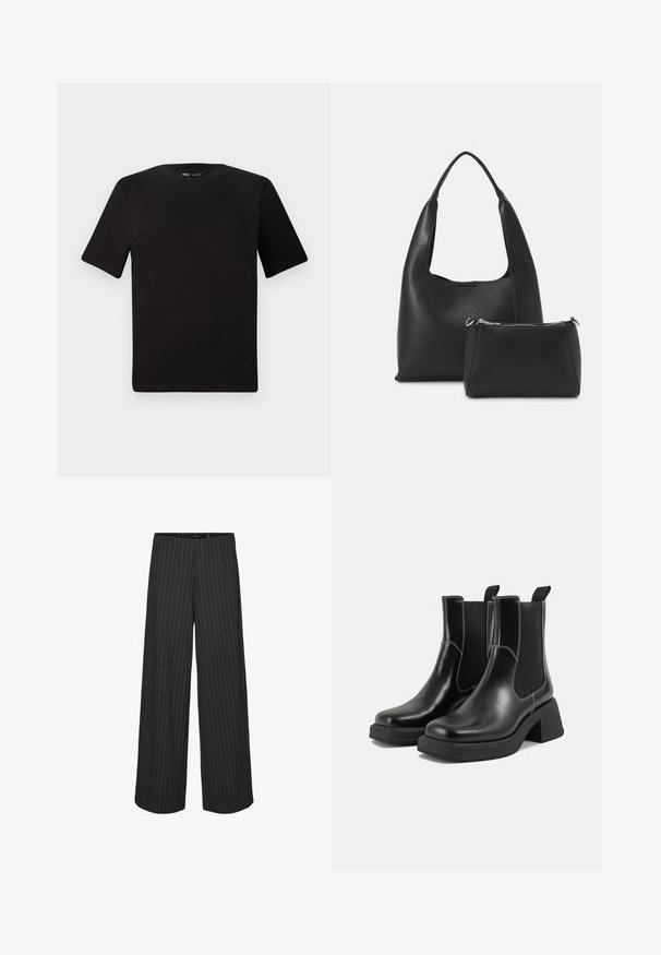 Juodas trumpas rankovės marškinėlis su apvaliu iškirpimu, pagamintas iš minkštos medvilnės medžiagos. Paprastas dizainas, be matomų logotipų ar raštų.; Juodos plačios kelnės su vertikaliomis baltomis juostelėmis, pasižyminčios pritaikytu dizainu ir lygia tekstūra. Nėra matomų kišenių ar metalinių detalių.; Juodos odinės Chelsea botai su storiu kulnu, elastinėmis šoninėmis panelėmis ir kontrastinga balta siūle. Tekstūruota apdaila.; Even&Odd Rankinė - black