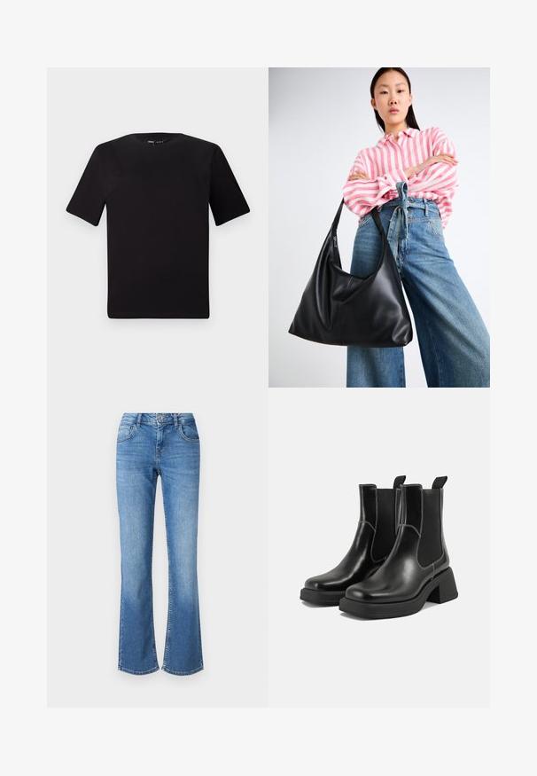 Melnas īsām piedurknēm T-krekls ar apaļu kakla izgriezumu, izgatavots no mīksta kokvilnas auduma. Vienkāršs dizains, bez redzamām logo vai rakstiem.; Gaiši zili izplešami džinsi ar augstu jostasvietu, pieciem kabatām un vieglu nodilumu. Izgatavoti no džinsa ar redzamām šuvēm un pogu aizdari.; Melni ādas Čelsijas zābaki ar masīvu papēdi, elastīgām sānu panelēm un kontrastējošu balto šuvumu. Teksturēts apdare.; Melnas ādas plecu soma ar vaļīgu formu un šuvju detaļām. Modelis valkā rozā un baltu svītrainu kreklu ar plaša kāju ziliem džinsiem.; Sudraba riņķa auskari ar elegantu, apaļu dizainu, kas izceļas ar gludu virsmu un bez redzamām rotājumām. Diametrs netiek norādīts.