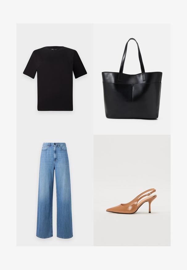 Tricou scurt negru cu mânecă scurtă și guler rotund, realizat dintr-un material de bumbac moale. Design simplu, fără logo-uri sau modele vizibile.; Jeans largi de denim de culoare bleu deschis, având talie înaltă, bucle pentru curea, buzunare frontale și detalii de cusătură în contrast.; Pantofii cu toc slingback, cu vârful ascuțit, dintr-un material tan neted și strălucitor. Prezintă un design cu decupaj curbat și un toc subțire stil stiletto. Detaliu cu cataramă argintie.; Geantă oversized din piele neagră, cu două mânere lungi, de textură netedă și formă structurată. Are un buzunar frontal pentru stocare suplimentară.