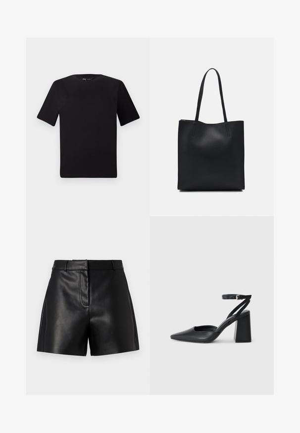 Melnas īsām piedurknēm T-krekls ar apaļu kakla izgriezumu, izgatavots no mīksta kokvilnas auduma. Vienkāršs dizains, bez redzamām logo vai rakstiem.; Melnas ādas šorti ar gludu tekstūru, ar pieguļošu jostasvietu, priekšējo šuvju detaļu un sānu šķēlumiem papildu stilam.; Melna ādas augstpapēžu kurpe ar norakstīto purngala formu, potītes siksniņu un masīlu papēdi. Gluda tekstūra, elegants dizains un minimālisma estētika.; Melnas ādas somiņa ar gludu tekstūru, taisnstūra formu un divām garām rokturiem. Nav redzamu aparatūras vai rotājumu.