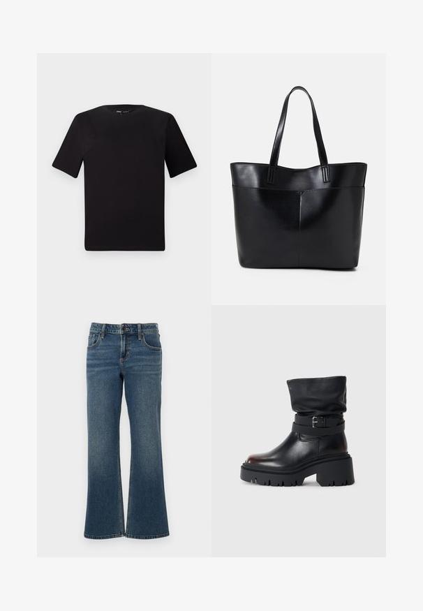 Melnas īsām piedurknēm T-krekls ar apaļu kakla izgriezumu, izgatavots no mīksta kokvilnas auduma. Vienkāršs dizains, bez redzamām logo vai rakstiem.; Tumši zili denim svārki ar platām kājām un augstu jostasvietu, pieci kabatas un kontrastējoša šuvuma. Audumam ir gluda, nedaudz balināta tekstūra.; Melnas ādas potītes zābaki ar vaļīgu augšdaļu, sprādzi, un biezu, izturīgu zoli. Iezīmē apaļu purngalu un gludu tekstūru.; Melnas ādas iepirkumu soma ar divām garām rokturām, gludu tekstūru un strukturētu formu. Iekļauj priekšējo kabatu papildu uzglabāšanai.