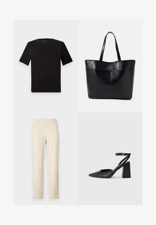 Čierne tričko s krátkym rukávom a okrúhlym výstrihom, vyrobené z mäkkej bavlny. Jednoduchý dizajn, bez viditeľných log alebo vzorov.; Béžové bavlnené nohavice so strihom rovného nohu, plochým predným dielom a nenápadným švom. Žiadne viditeľné vrecká ani kovové prvky.; Čierne kožené lodičky s špicatou špičkou a členkovým remienkom, s masívnym podpätkom. Hladký povrch, elegantný dizajn a minimalistická estetika.; Čierna kožená tote taška s dvoma dlhými rúčkami, hladkým povrchom a štruktúrovaným tvarom. Obsahuje prednú kapsu pre dodatočné uskladnenie.