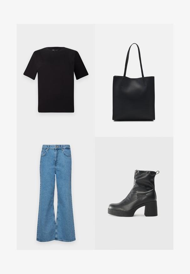 T-shirt preta de mangas curtas com decote redondo, feita de tecido de algodão suave. Design simples, sem logótipos ou padrões visíveis.; Jeans de brim azuis claros, com corte à boca de sino, apresentando uma cintura alta, cinco bolsos e um fecho de botão único. Textura macia com acabamento desbotado.; Botas de tornozelo pretas feitas de couro liso, com fecho lateral, salto grosso texturizado e design de bico arredondado.; Bolsa tote preta em couro com textura lisa, forma retangular e duas alças longas. Sem hardware ou enfeites visíveis.