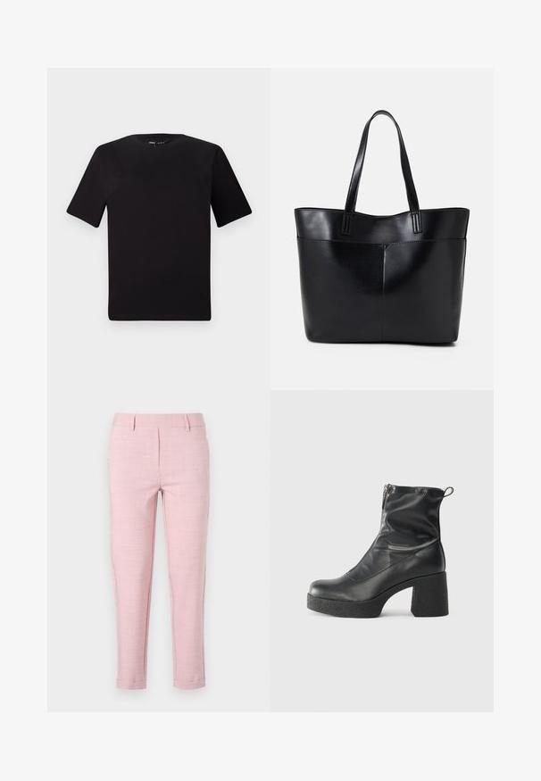 Must olema lühikeste varrukatega must t-särk ümmarguse kaelusega, valmistatud pehmest puuvillast kangast. Lihtne disain, ilma nähtavate logode või mustriteta.; Kerged heledas roosas värvitoonis, valmistatud tekstuurilisest kangast. Sirge lõikega, vöökoht, ees voldid ja kitsenevad sääred. Pole nähtavaid taskuid.; Mustad mustad ansapüksid, mis on valmistatud siledast nahast, külje zipperiga, paksu tekstuuriga kontsaga ja ümmarguse nina disainiga.; Must mustaga musta nahast, millel on kaks pikka kanda, sile tekstuur ja struktureeritud kuju. Esipoolsel on lisakoti jaoks tasku.