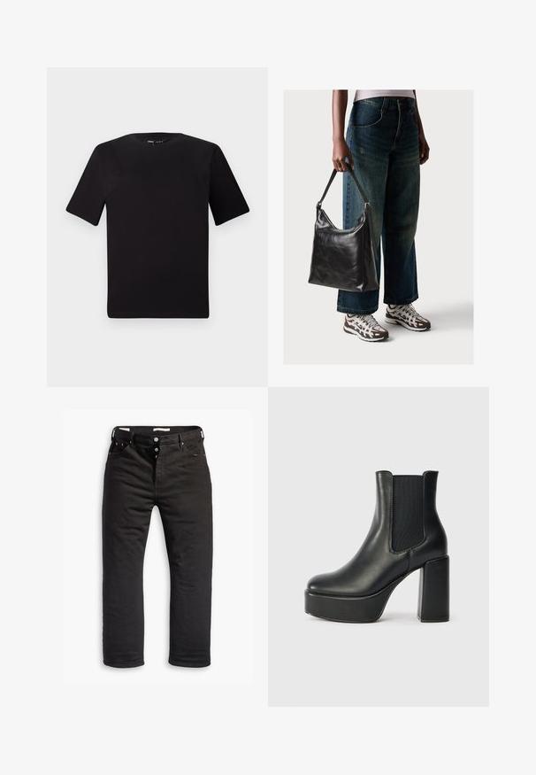 T-shirt preta de mangas curtas com decote redondo, feita de tecido de algodão suave. Design simples, sem logótipos ou padrões visíveis.; Jeans de denim preto com um design de perna reta, apresentando um fecho com botão, cinco bolsos e um detalhe de costura subtil. Textura suave.; Bota de tornozelo em couro preto com um salto bloco robusto, painéis laterais elásticos e uma textura suave. Apresenta uma sola plataforma para aumentar a altura.; Bolsa de ombro em couro preto com textura suave e alça ajustável, combinada com jeans de perna larga desbotados e ténis desportivos.