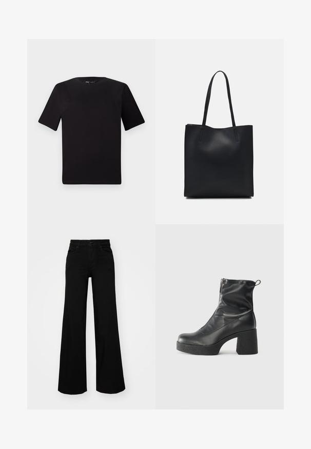 Melnas īsām piedurknēm T-krekls ar apaļu kakla izgriezumu, izgatavots no mīksta kokvilnas auduma. Vienkāršs dizains, bez redzamām logo vai rakstiem.; Melni plaša kāju bikses, izgatavotas no džinsa, ar strukturētu jostu, jostu cilpiņām un priekšējām kabatām. Gluda tekstūra ar klasisku dizainu.; Melni potītes zābaki, kas izgatavoti no gludas ādas, ar sānu rāvējslēdzēju, masīvu strukturētu papēdi un noapaļotu purngalu.; Melnas ādas somiņa ar gludu tekstūru, taisnstūra formu un divām garām rokturiem. Nav redzamu aparatūras vai rotājumu.